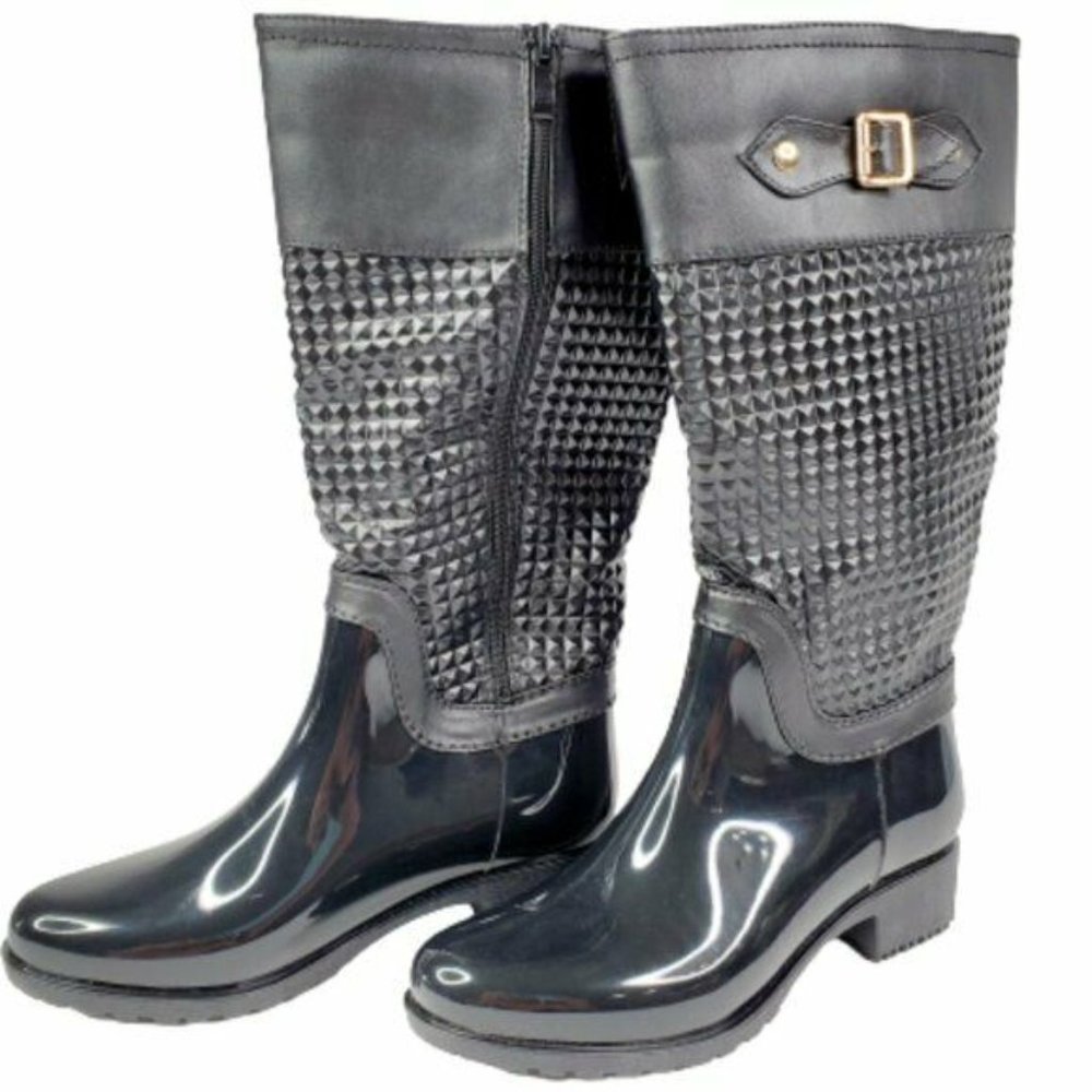 Top Moda Black Rubber Studded Buckle Tall Rain Boots
